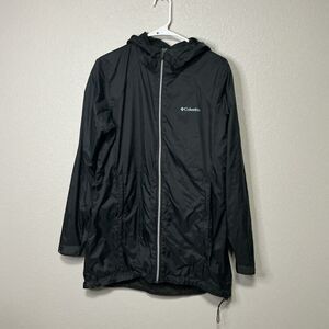 Columbia Women’s Large Black Hooded Rain Jacket Lightweight Long Windbreaker